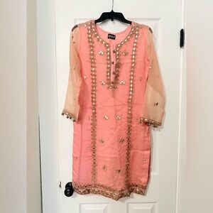 3 piece Pink Embellished Kurti with Gold Accents